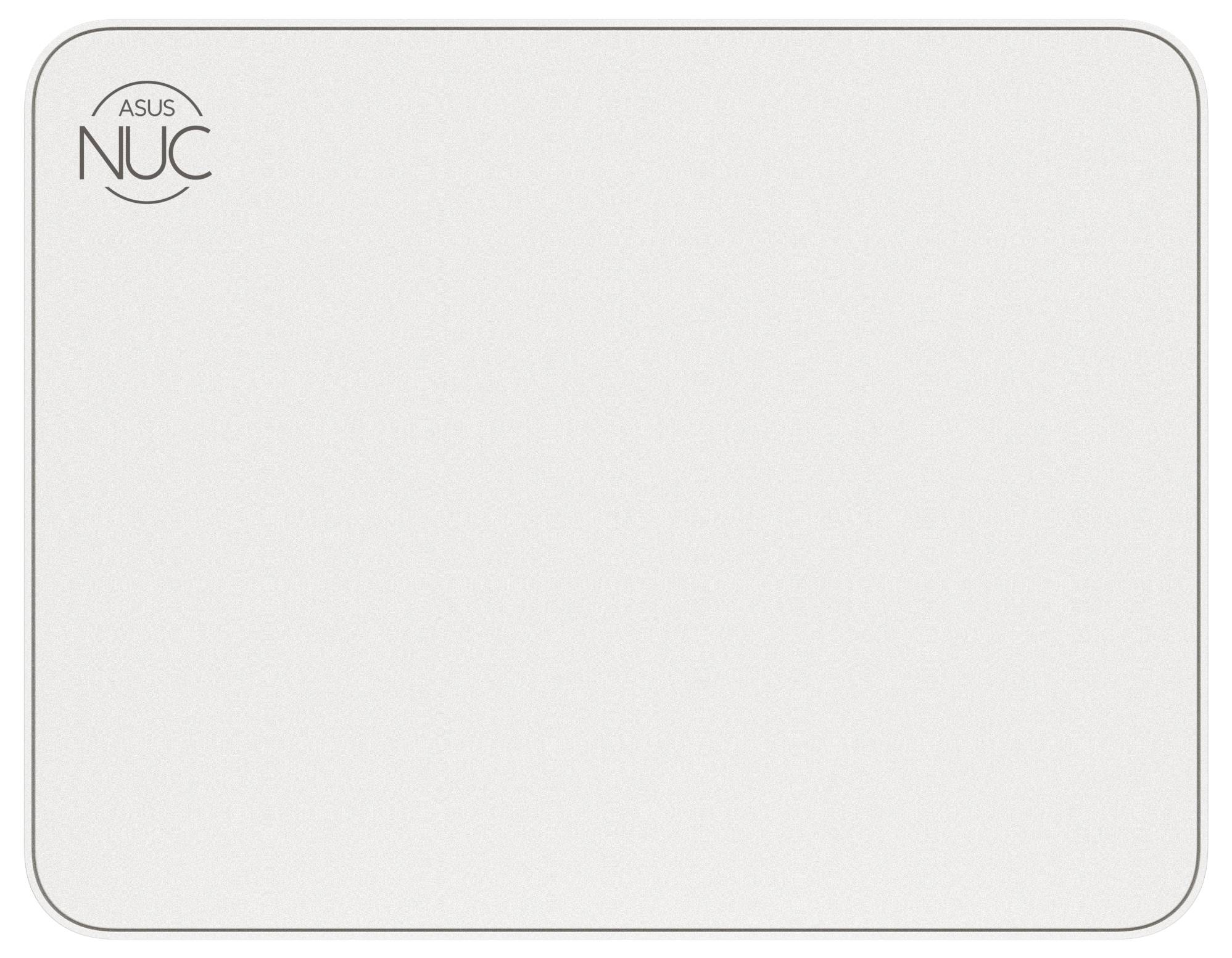 Biała mysz komputerowa z logo 'ASUS NUC' w lewym górnym rogu.