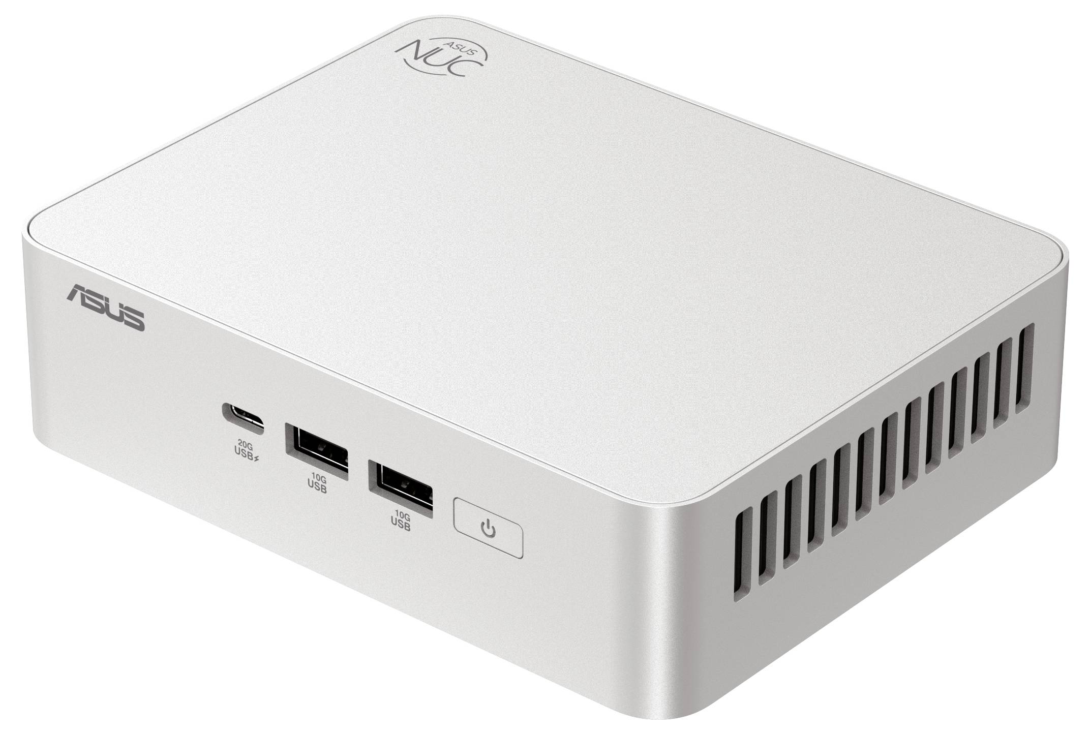 Srebrny mini komputer z logo ASUS. Z przodu znajdują się dwa porty USB, port USB-C oraz włącznik zasilania.