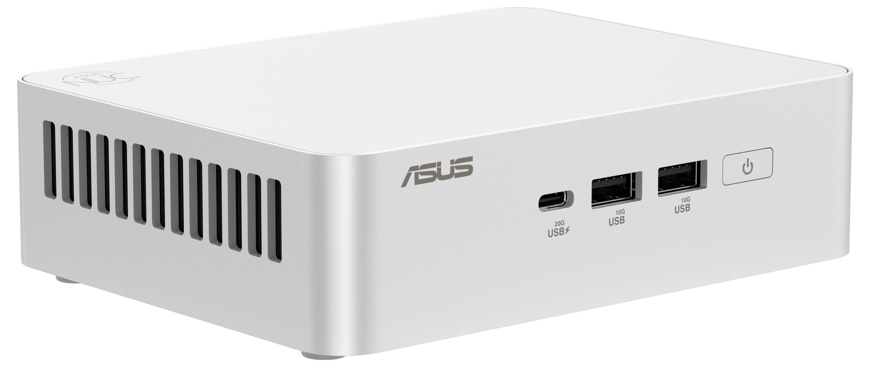 Biały miniaturowy komputer PC firmy Asus z dwoma portami USB i włącznikiem sieciowym na przedniej stronie.