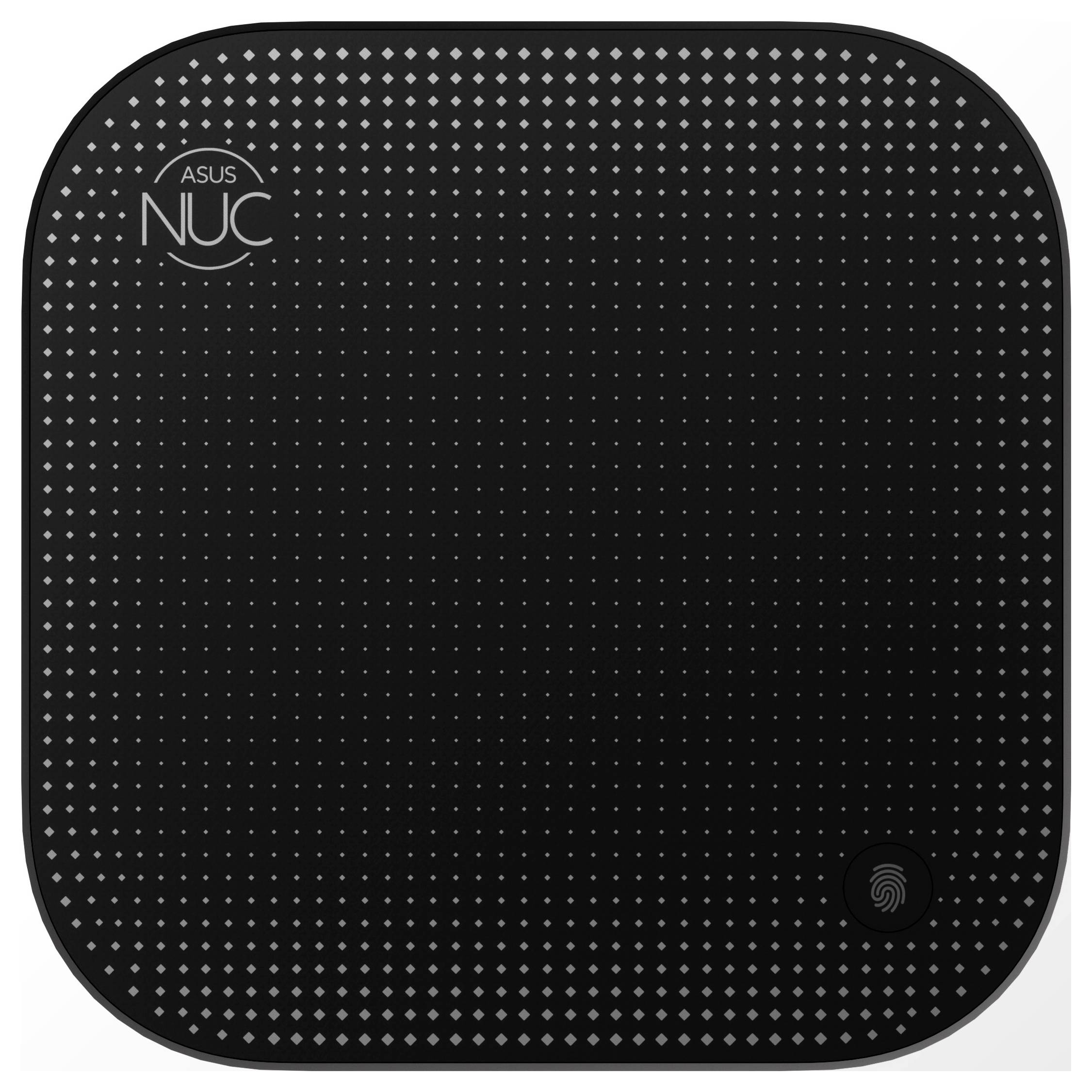 Kwadratowe urządzenie ASUS NUC w kolorze czarnym z delikatnym wzorem punktowym na powierzchni, logo marki w lewym górnym rogu.