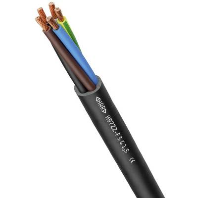 Przewód elektryczny z pięcioma kolorowymi przewodami miedzianymi (czarny, brązowy, niebieski, żółto-zielony) w czarnej izolacji, odpowiedni do instalacji elektrycznych.