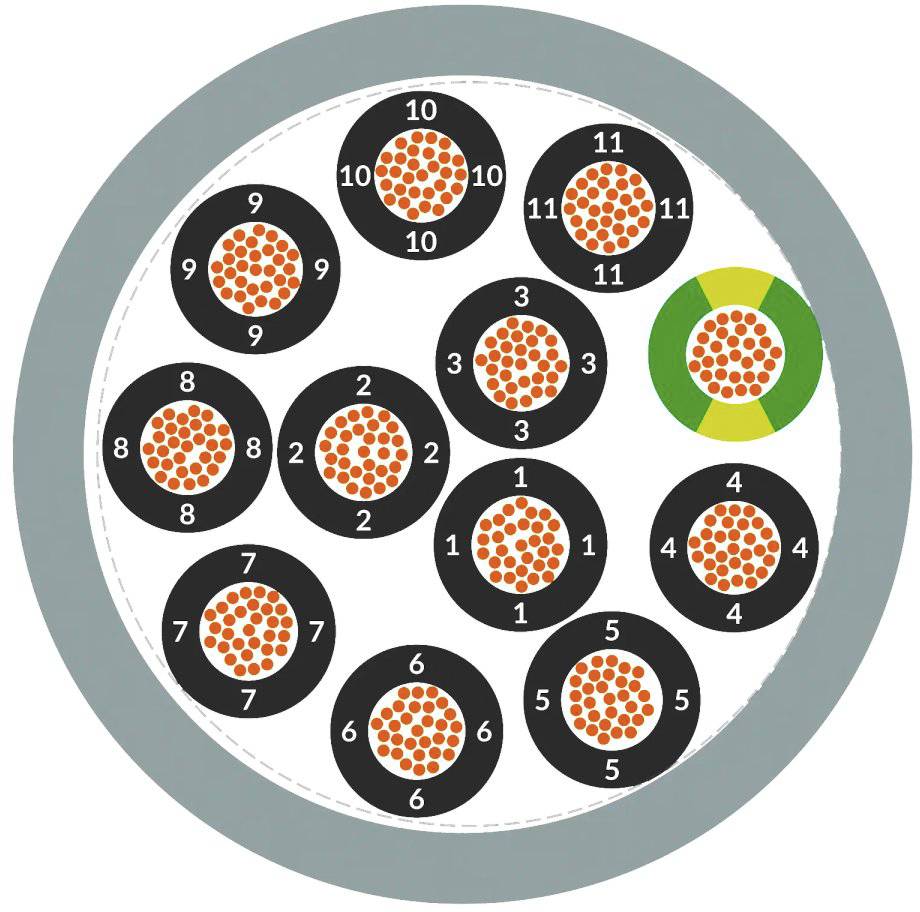 Przekrój kabla: Pokazuje 12 żył, ponumerowanych od 1 do 12, każda z pomarańczowymi przewodami otoczonymi czarną osłoną. Jedna żyła oznaczona na zielono.