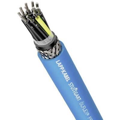 Kabel z wielokolorowymi żyłami, w niebieskiej izolacji, z widocznym napisem 'Lappkabel Stuttgart Ölflex'. Nadaje się do zastosowań przemysłowych.