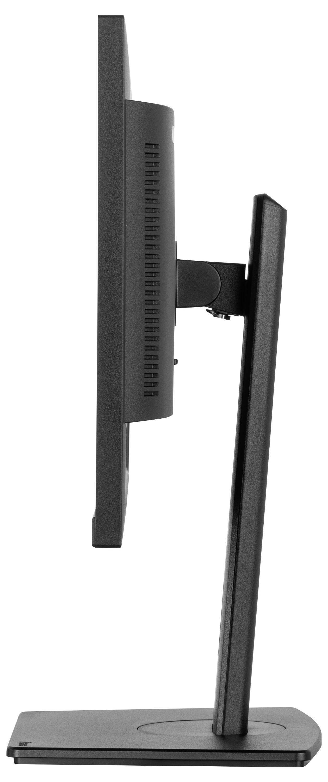 Widok z boku czarnego ekranu komputerowego na podstawie, ustawiony pionowo, prezentujący smukłą sylwetkę.