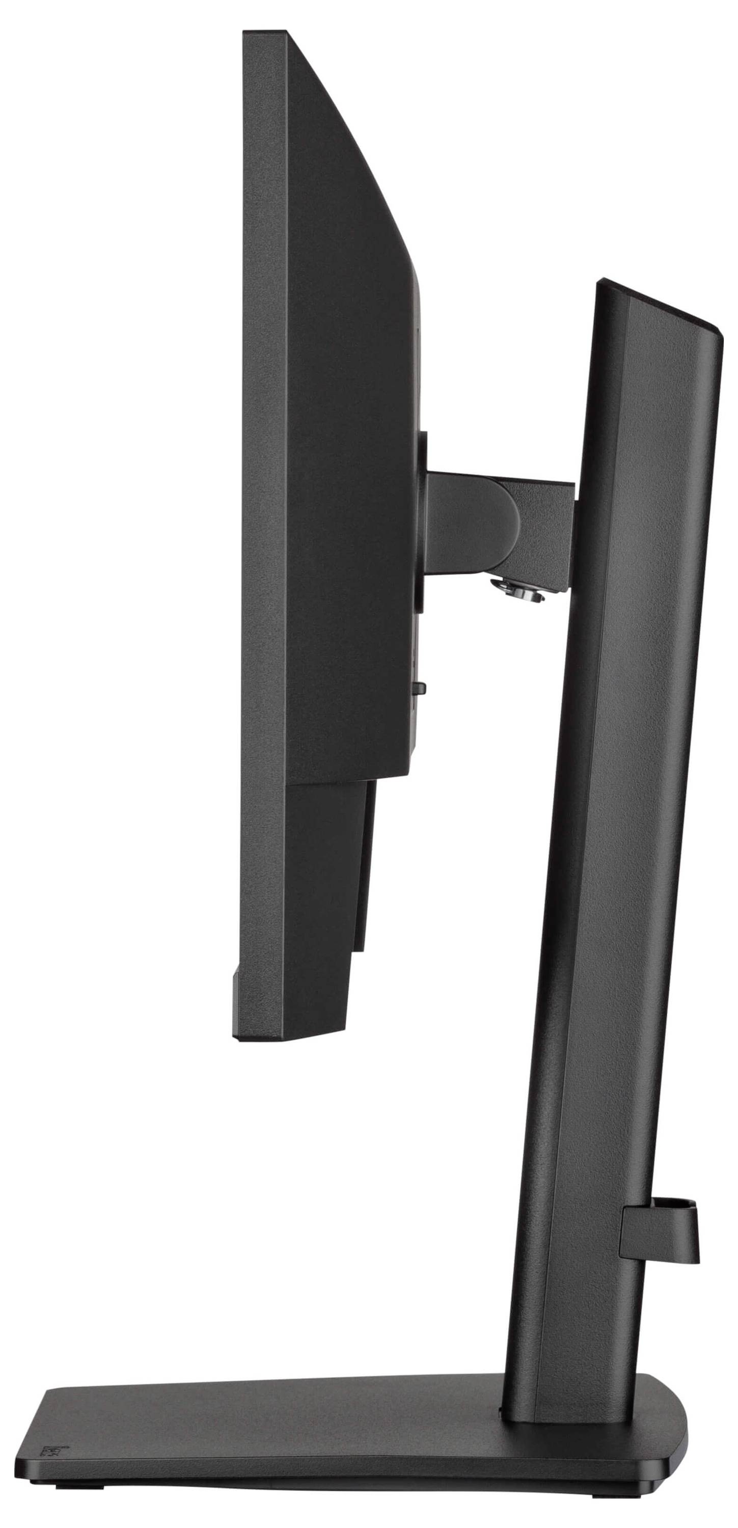 Czarny ekran komputerowy przedstawiony z boku, wyposażony w regulowaną podstawę.