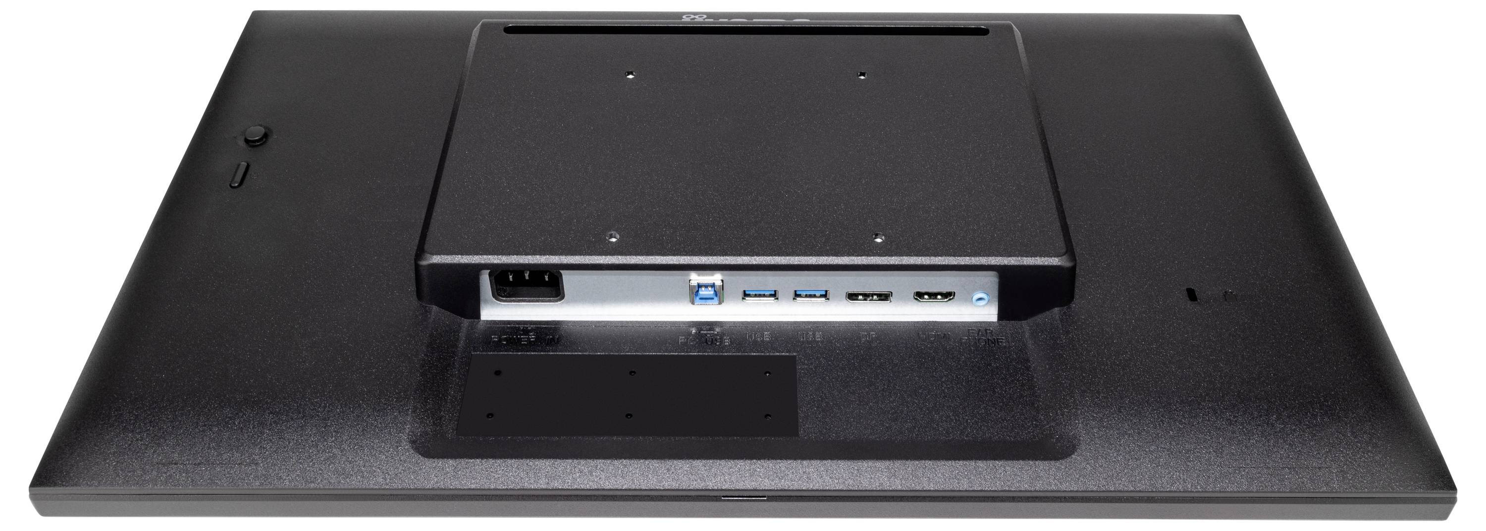 Widok z tyłu monitora z polem przyłączy. Widoczne złącza: kabel zasilający, porty USB, HDMI i audio. Ciemny kolor obudowy.