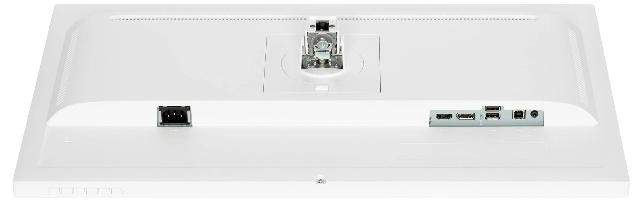 Widok z tyłu białego monitora komputerowego z różnymi złączami i możliwością montażu pośrodku.