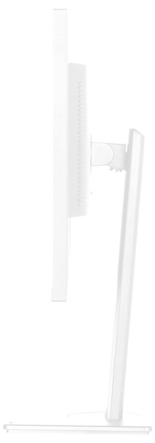 Widok z boku nowoczesnego monitora komputerowego na smukłej, regulowanej podstawie. Monitor wygląda na cienki i elegancki.