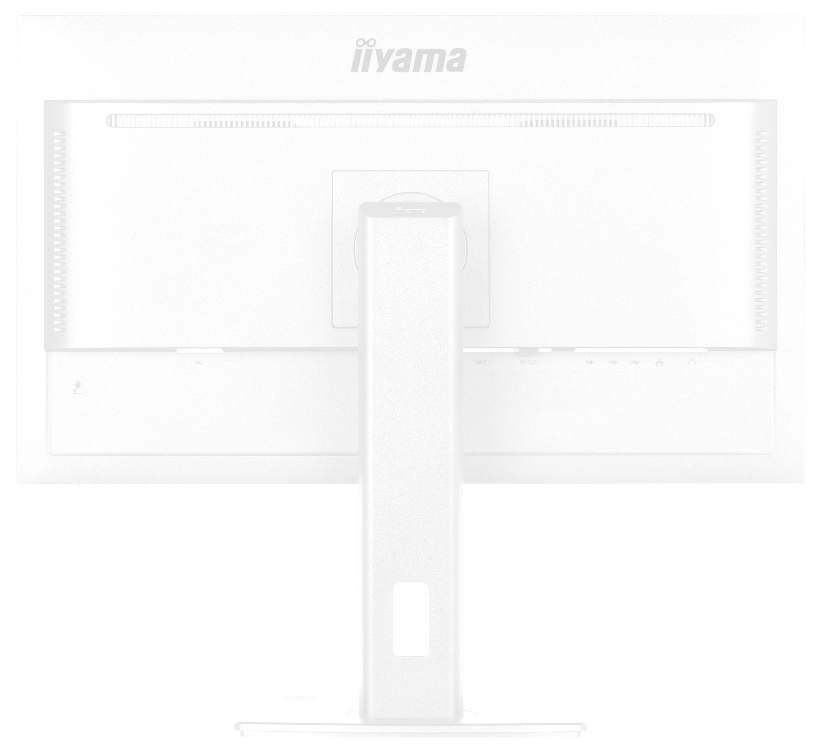 Tył białego, nowoczesnego monitora komputerowego z kwadratową podstawą i logo marki w górnej części środka.