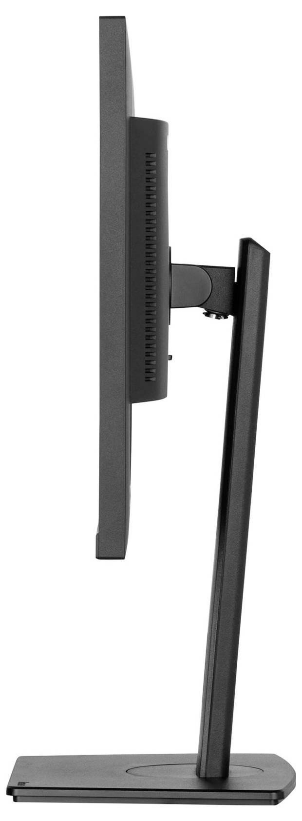 Widok z boku czarnego monitora płaskiego z regulowaną podstawą. Monitor jest ustawiony w pionie.