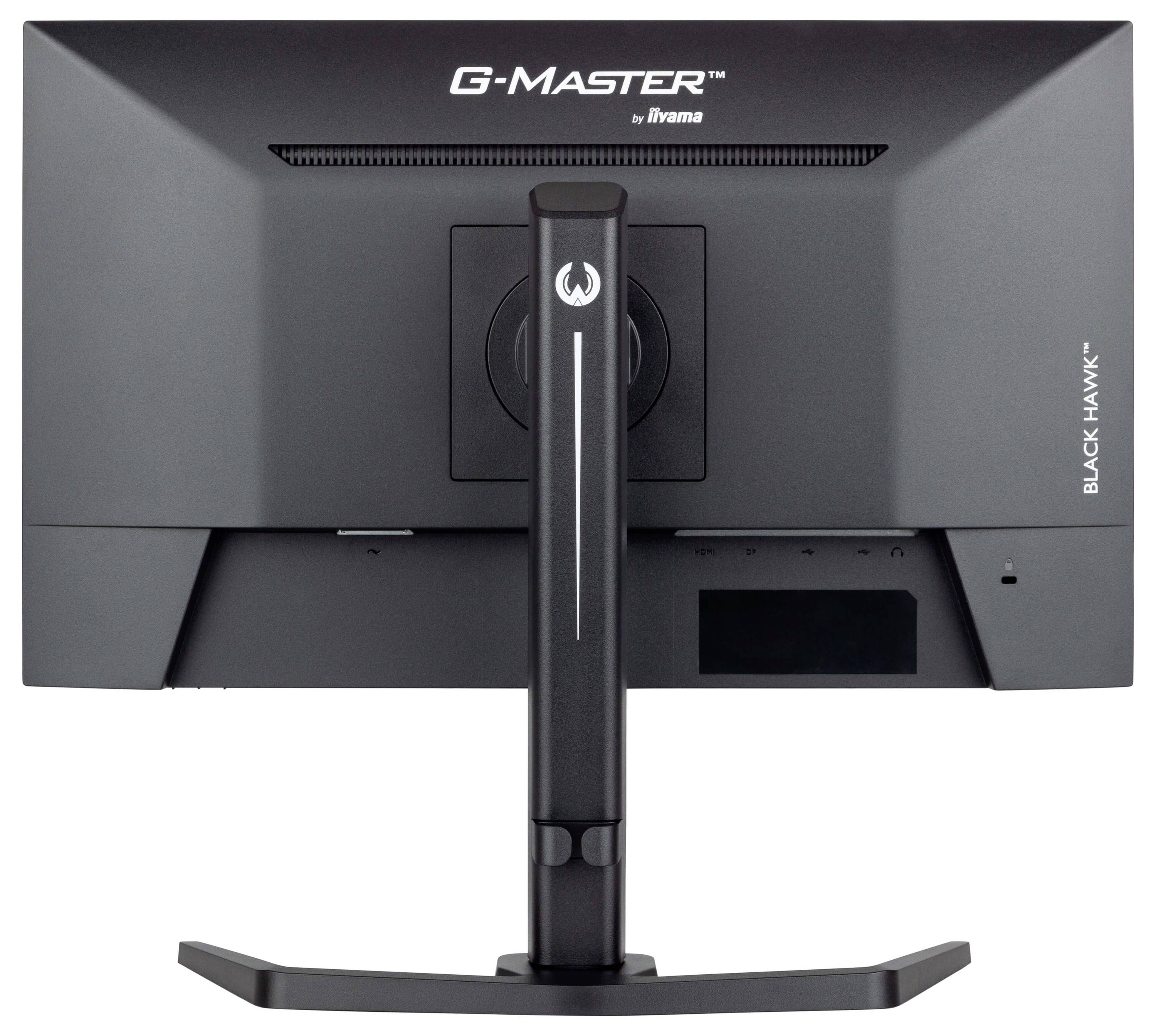 Widok z tyłu czarnego monitora marki 'G-Master', model 'Black Hawk', zamontowanego na stabilnej podstawie.