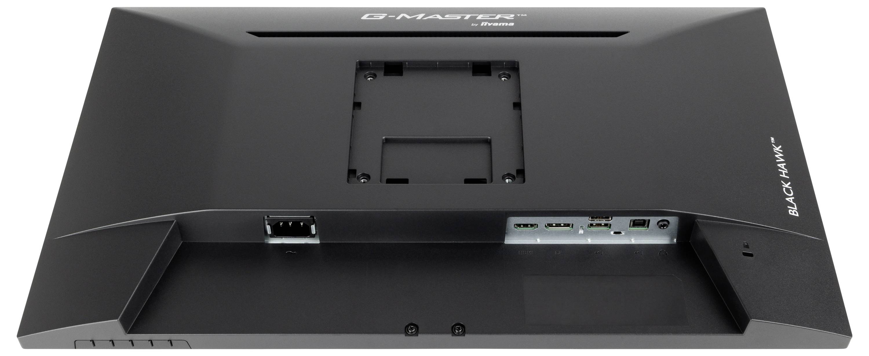 Widok z tyłu monitora komputerowego z wieloma możliwościami podłączenia, w tym wejściami HDMI i DisplayPort.