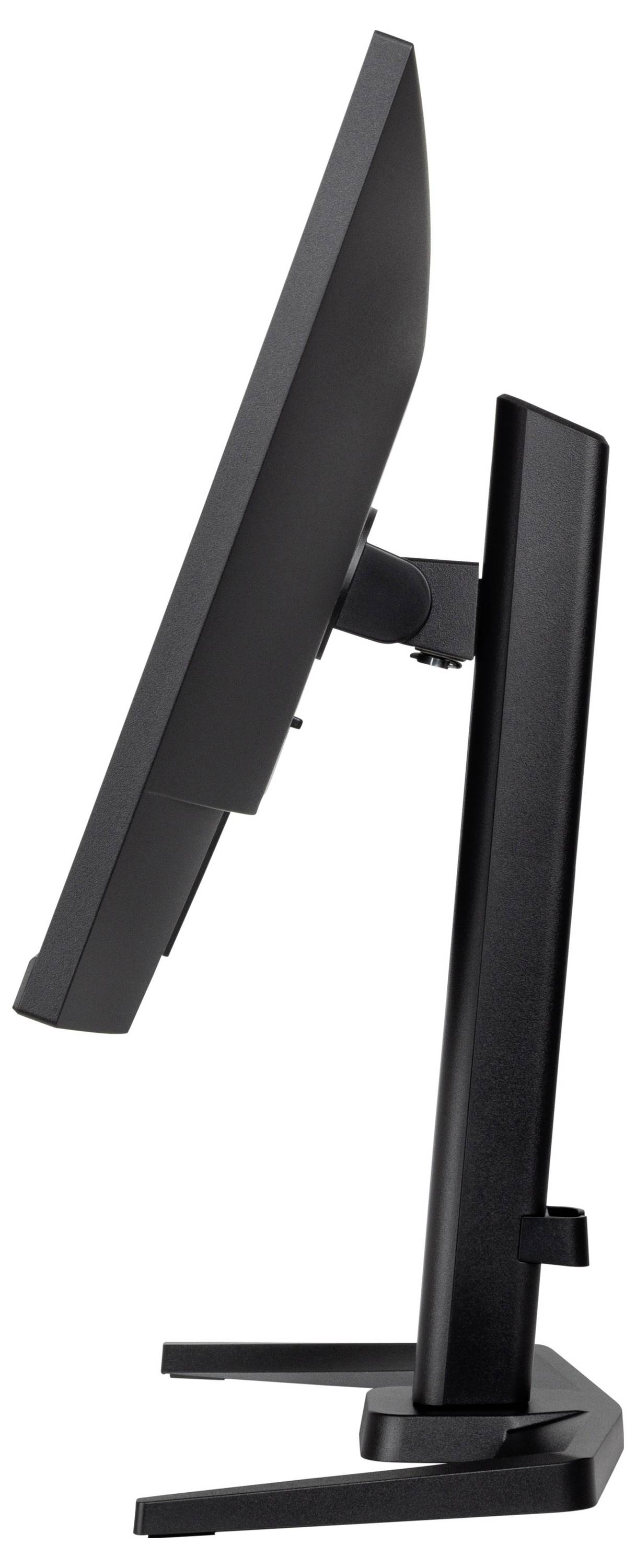Widok z boku czarnego monitora komputerowego na podstawie, prezentujący smukłą i regulowaną budowę urządzenia.