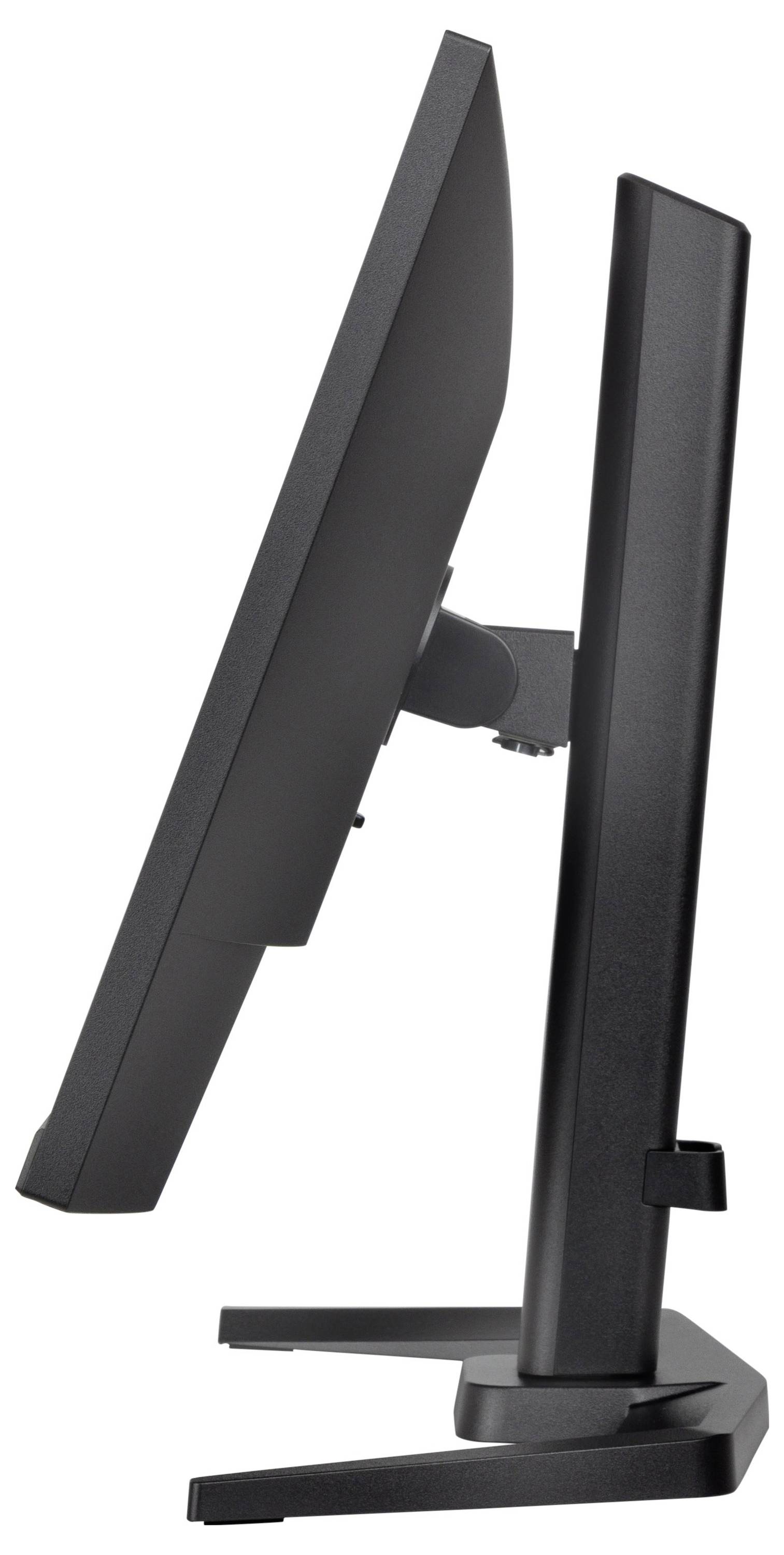 Widok z boku czarnego monitora komputerowego o smukłej sylwetce, osadzonego na podstawie. Ekran jest lekko pochylony do tyłu.