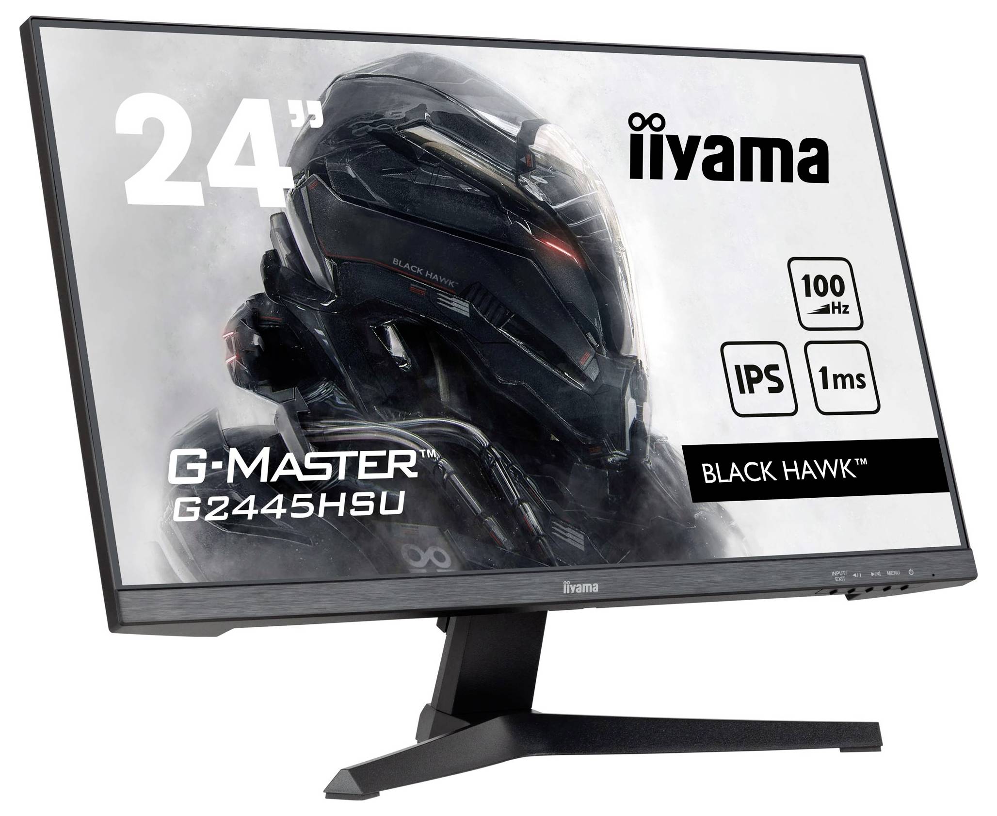 Monitor 'iiyama G-MASTER G2445HSU' wyświetla futurystyczny obraz robota na ekranie, o przekątnej 24 cali, częstotliwości odświeżania 100 Hz, czasie reakcji 1 ms oraz technologii IPS.