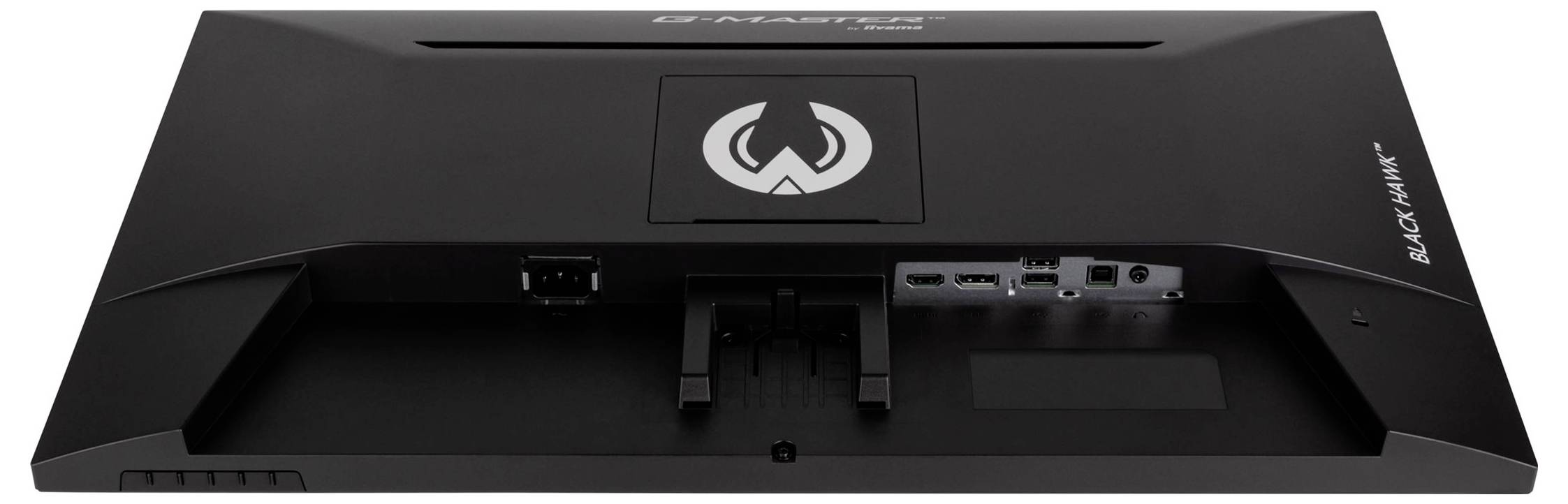 Widok z tyłu czarnego monitora gamingowego z różnymi złączami i stylizowanym logo pośrodku.