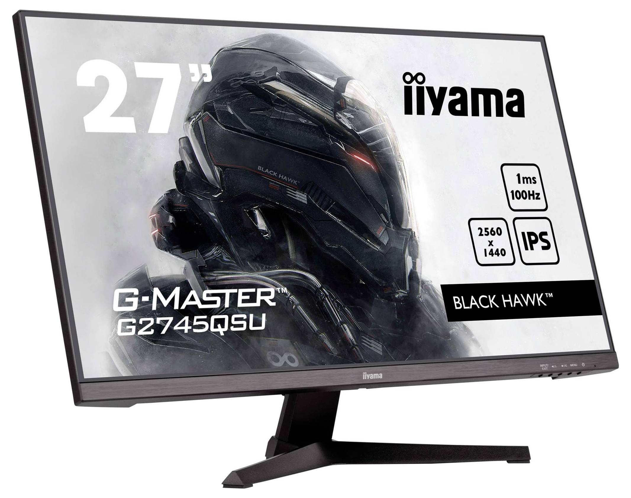 Monitor Iiyama G-Master G2745QSU o przekątnej 27 cali prezentuje design inspirowany cybernetycznym robotem. Kluczowe specyfikacje: czas reakcji 1 ms, częstotliwość odświeżania 100 Hz, rozdzielczość 2560 x 1440, panel IPS, seria 'Black Hawk'.