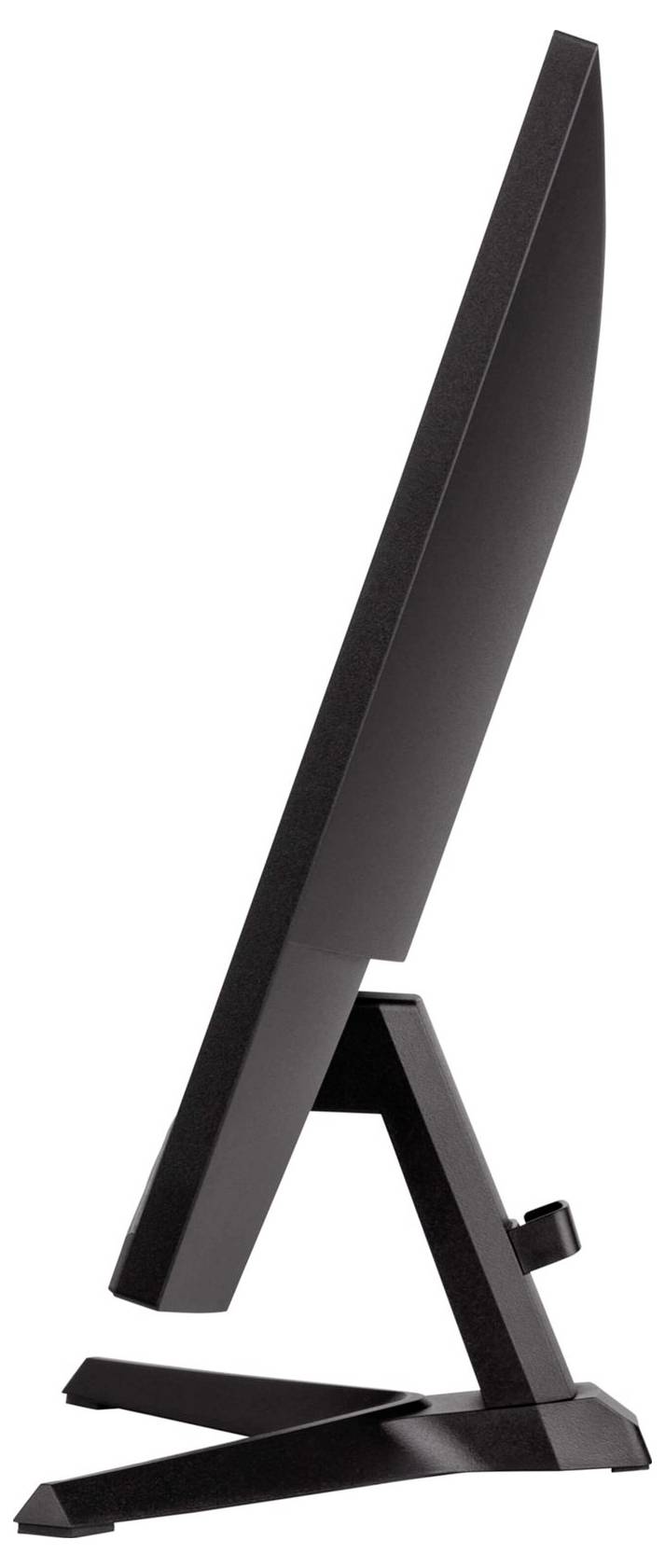 Nowoczesny, smukły monitor komputerowy widziany z boku, z cienką ramką i stabilną podstawą, w kolorze czarnym.