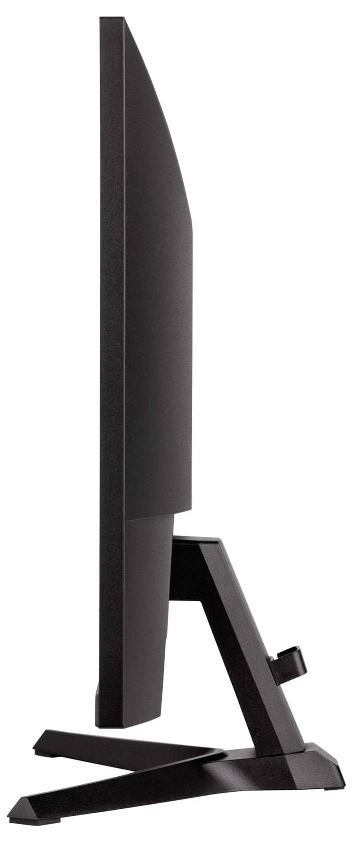 Widok z boku czarnego ekranu komputerowego na stojaku. Monitor jest smukły i nowoczesny w designie.