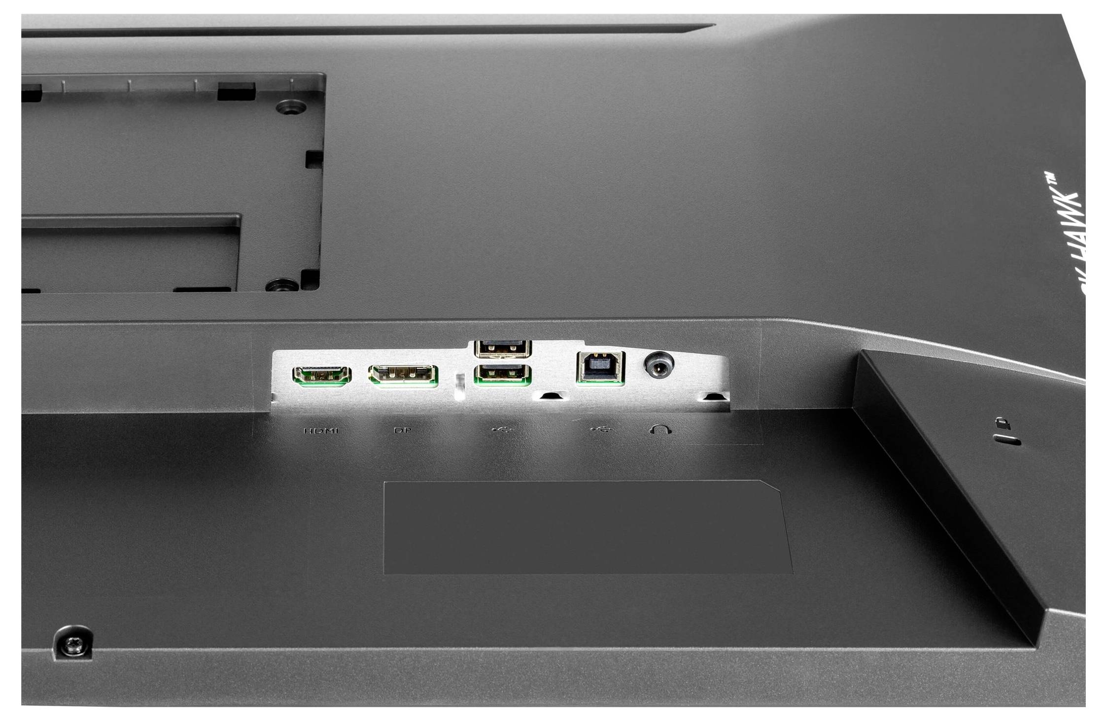 Widok z tyłu monitora z wieloma złączami, w tym HDMI, USB i DisplayPort, oraz gniazdem zasilania.