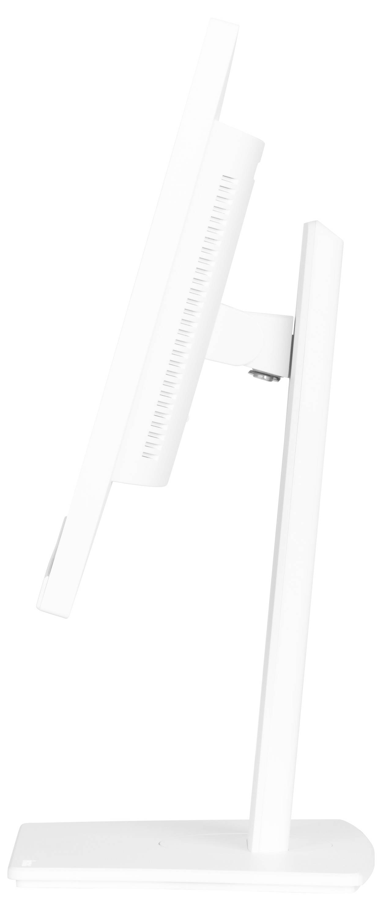 Widok z boku białego monitora komputerowego, stojącego pionowo na prostokątnej podstawce. Ekran lekko pochylony do przodu.