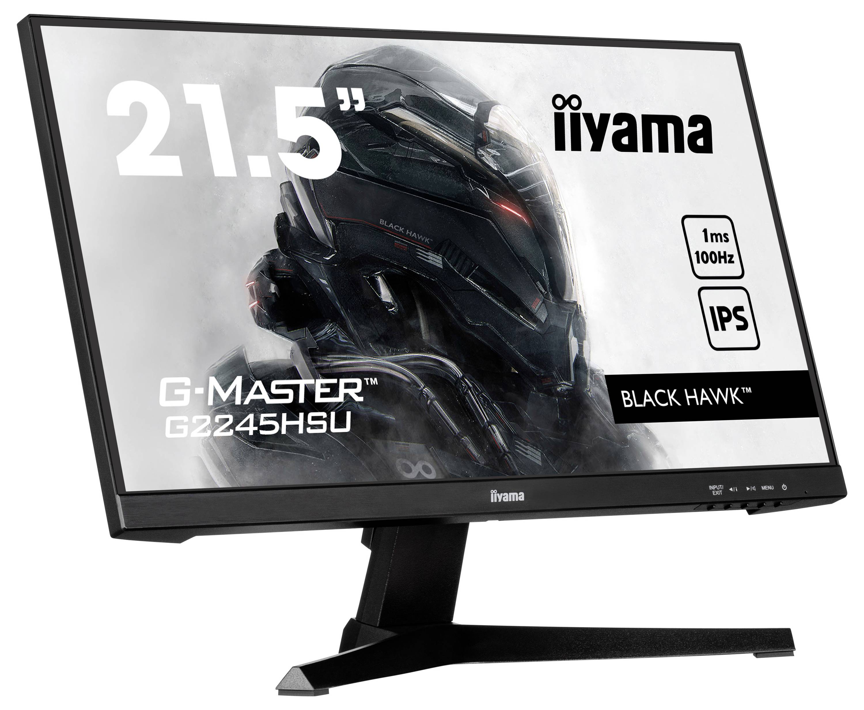Monitor iiyama G-Master G2245HSU Black Hawk o przekątnej 21,5 cala, przedstawiony w ujęciu skośnym. Szczegóły: czas reakcji 1 ms, częstotliwość odświeżania 100 Hz, ekran IPS.