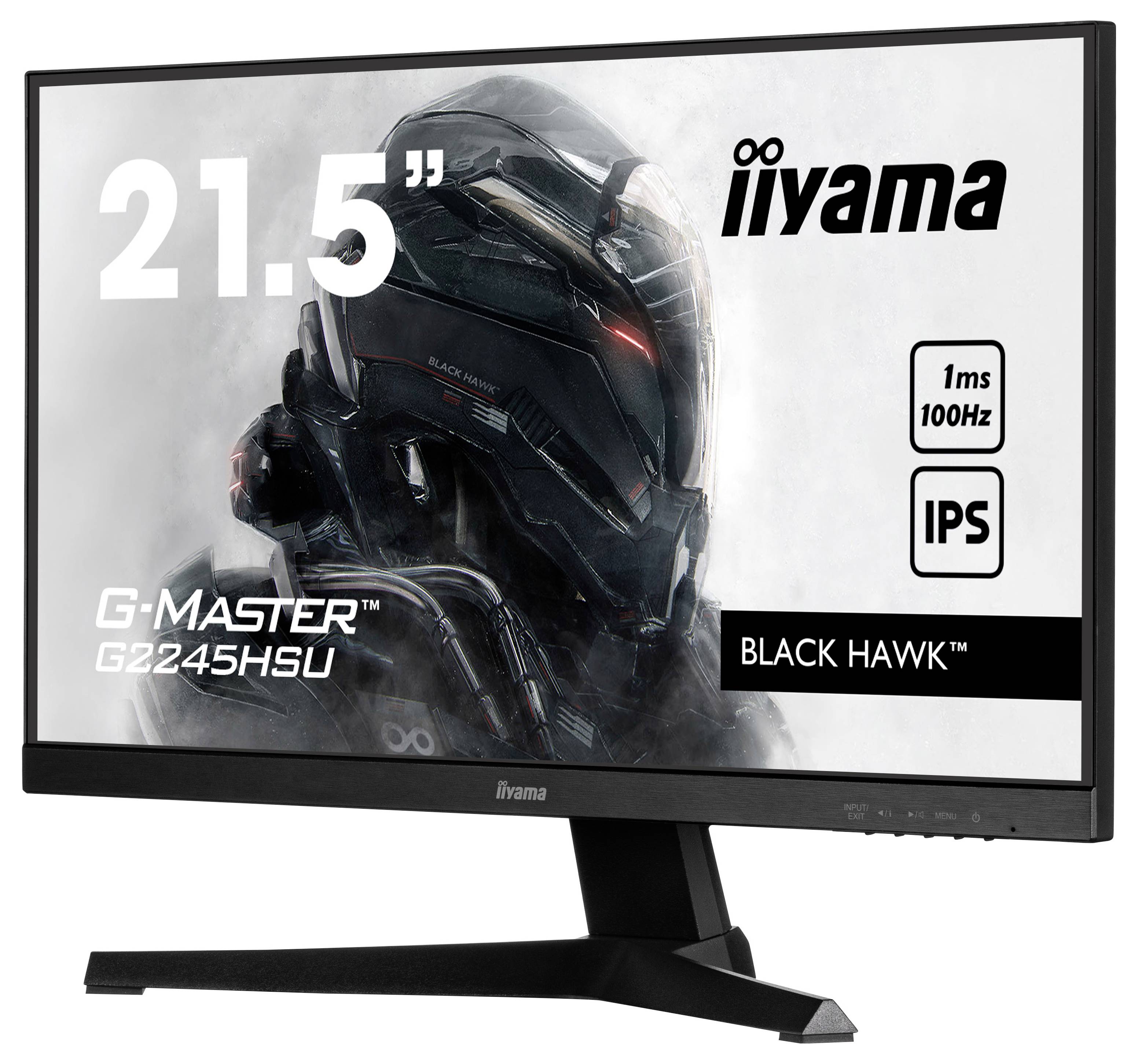 Monitor iiyama o przekątnej 21,5 cala o nazwie 'G-Master G2245HSU Black Hawk'. Wyświetlacz IPS, czas reakcji 1 ms, częstotliwość odświeżania 100 Hz.