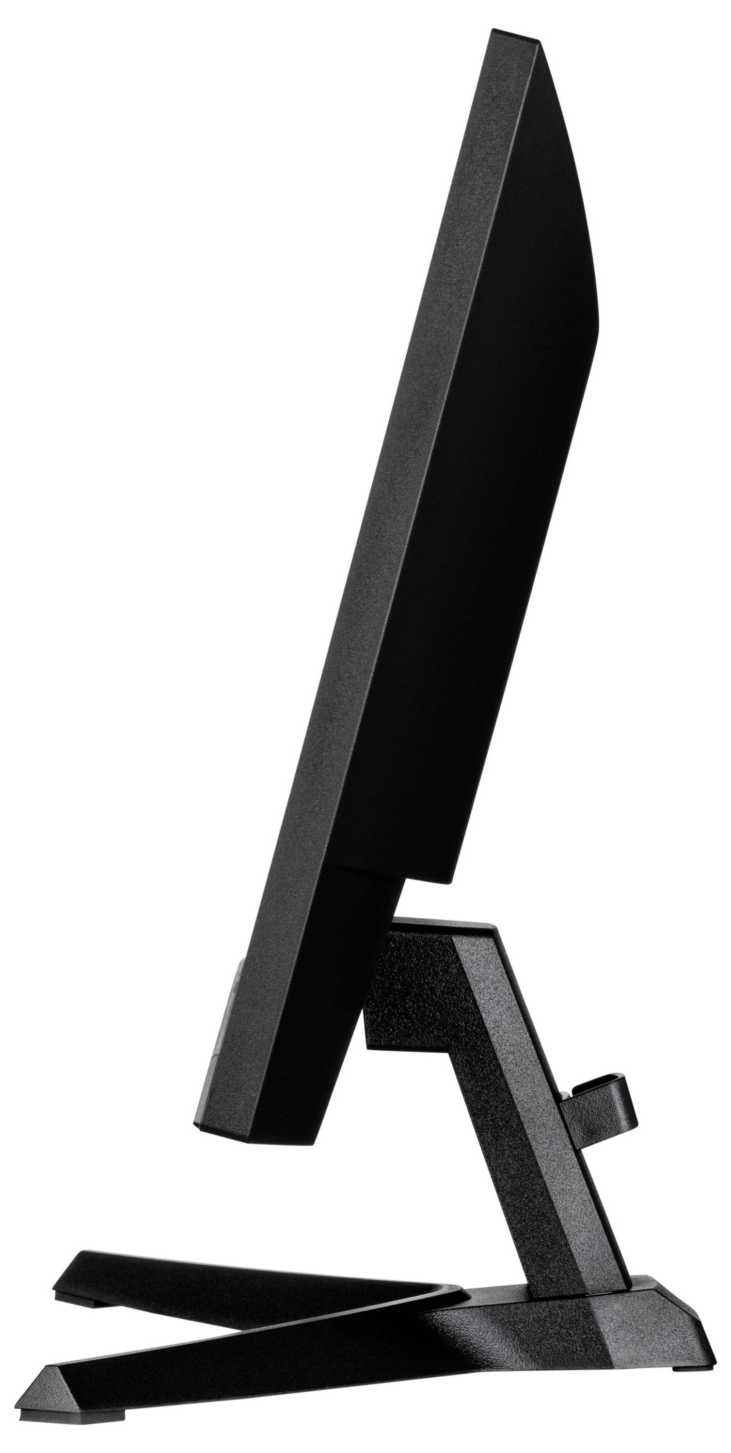 Monitor zamontowany z boku na podstawie, prezentujący smukłą sylwetkę i płynną regulację wysokości.