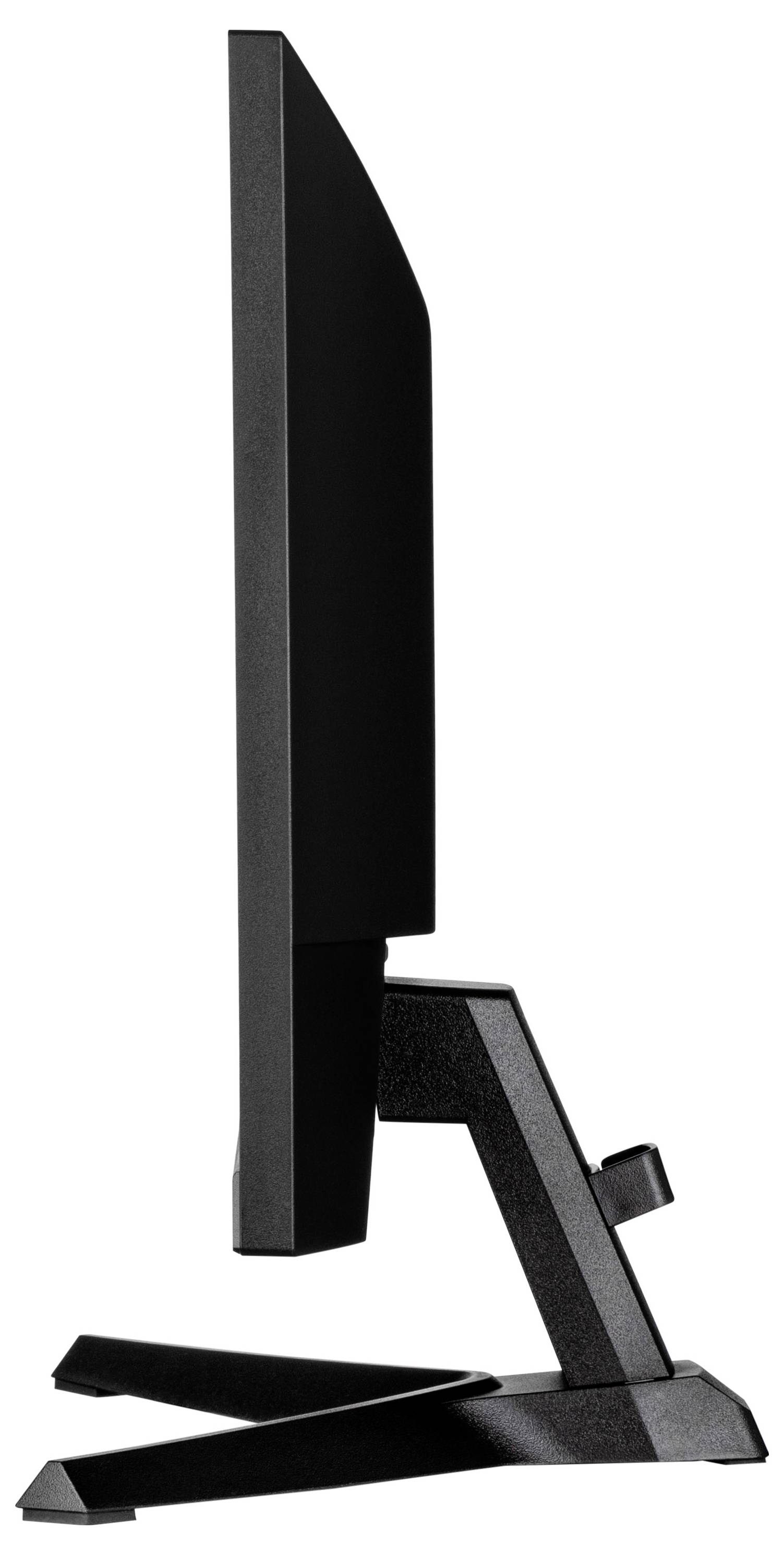 Widok z boku płaskiego, czarnego ekranu komputerowego na stabilnej podstawie.