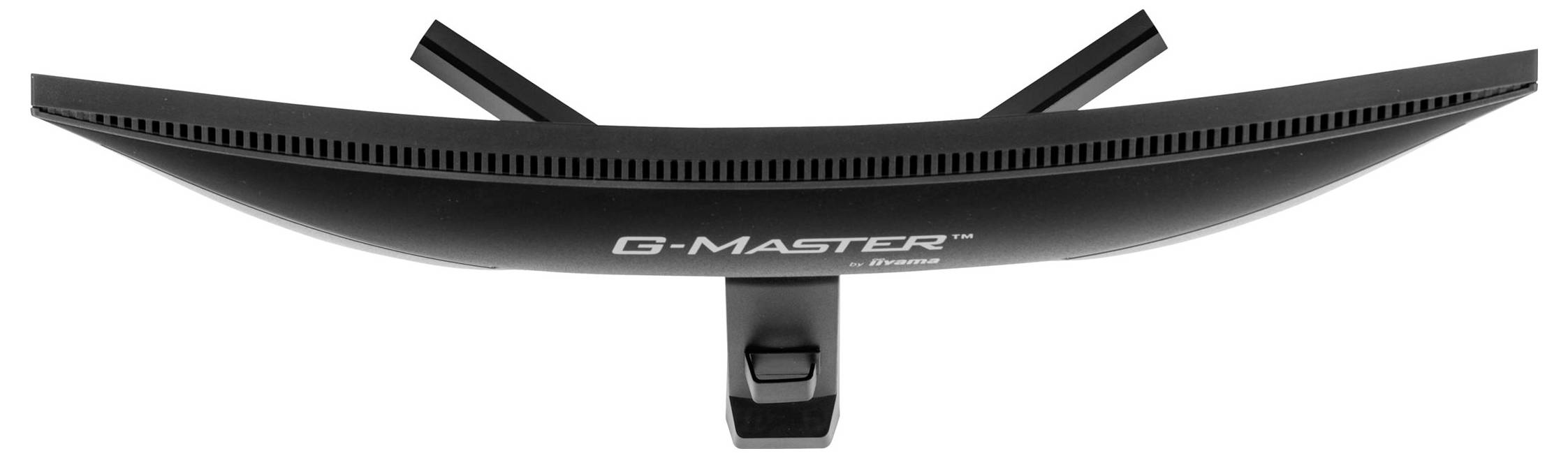 Zakrzywiony monitor widziany z góry, z napisem 'G-MASTER'. Cienki profil i nowoczesny design.