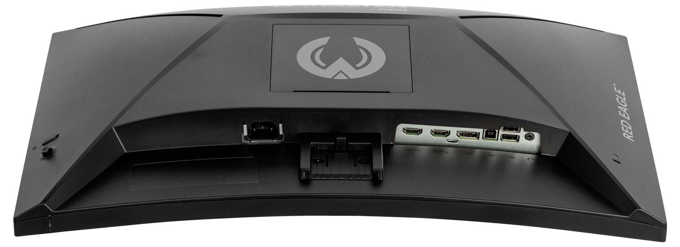 Widok z tyłu monitora z wieloma złączami, w tym HDMI i DisplayPort, oraz logo gry komputerowej.