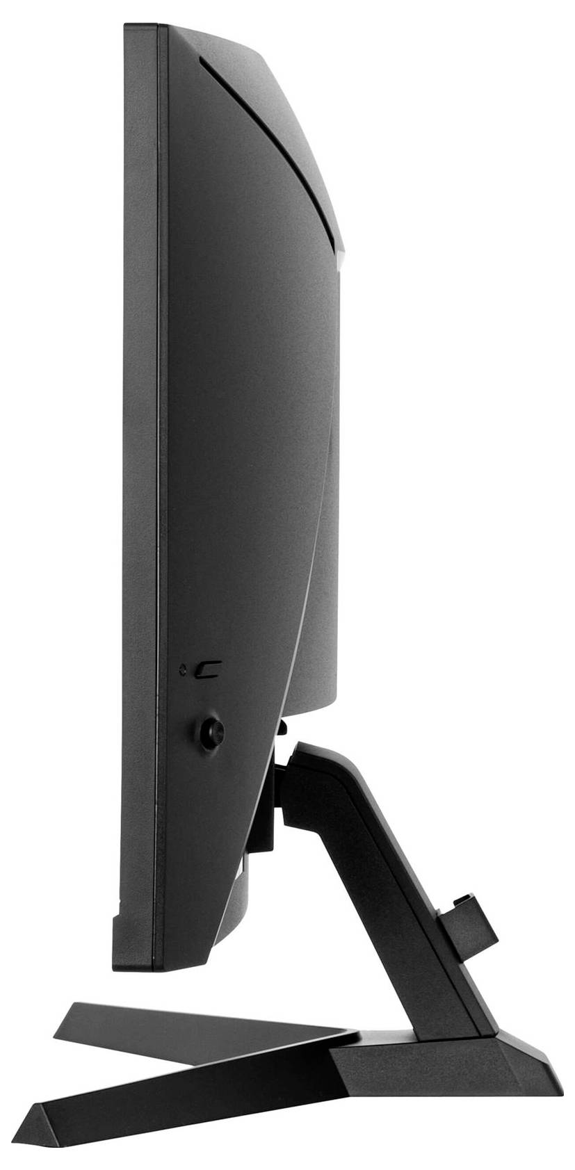 Monitor komputerowy widziany z boku, o smukłej, czarnej konstrukcji, zamontowany na stabilnej podstawie.