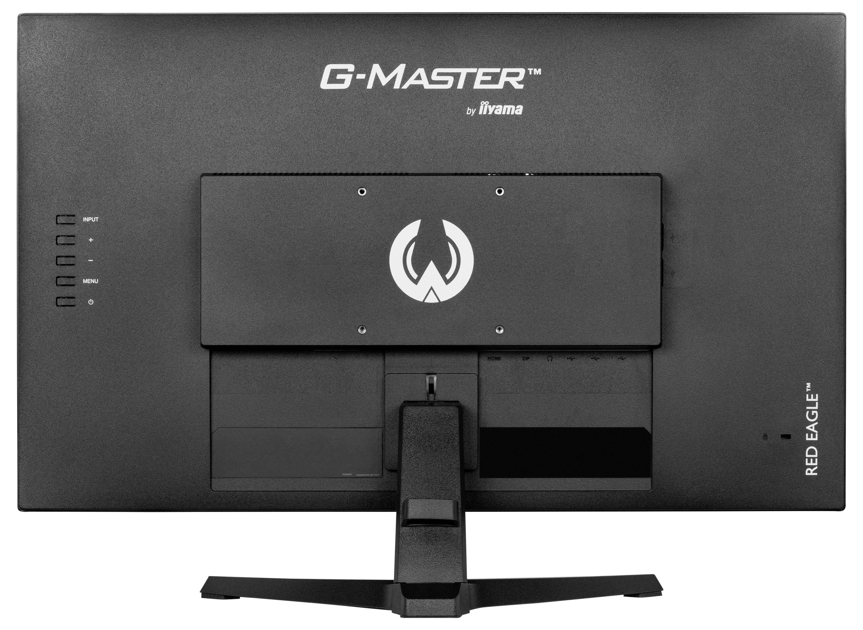 Tył czarnego monitora z napisami 'G-MASTER' i 'RED EAGLE', prezentujący symetryczną konstrukcję podstawy.