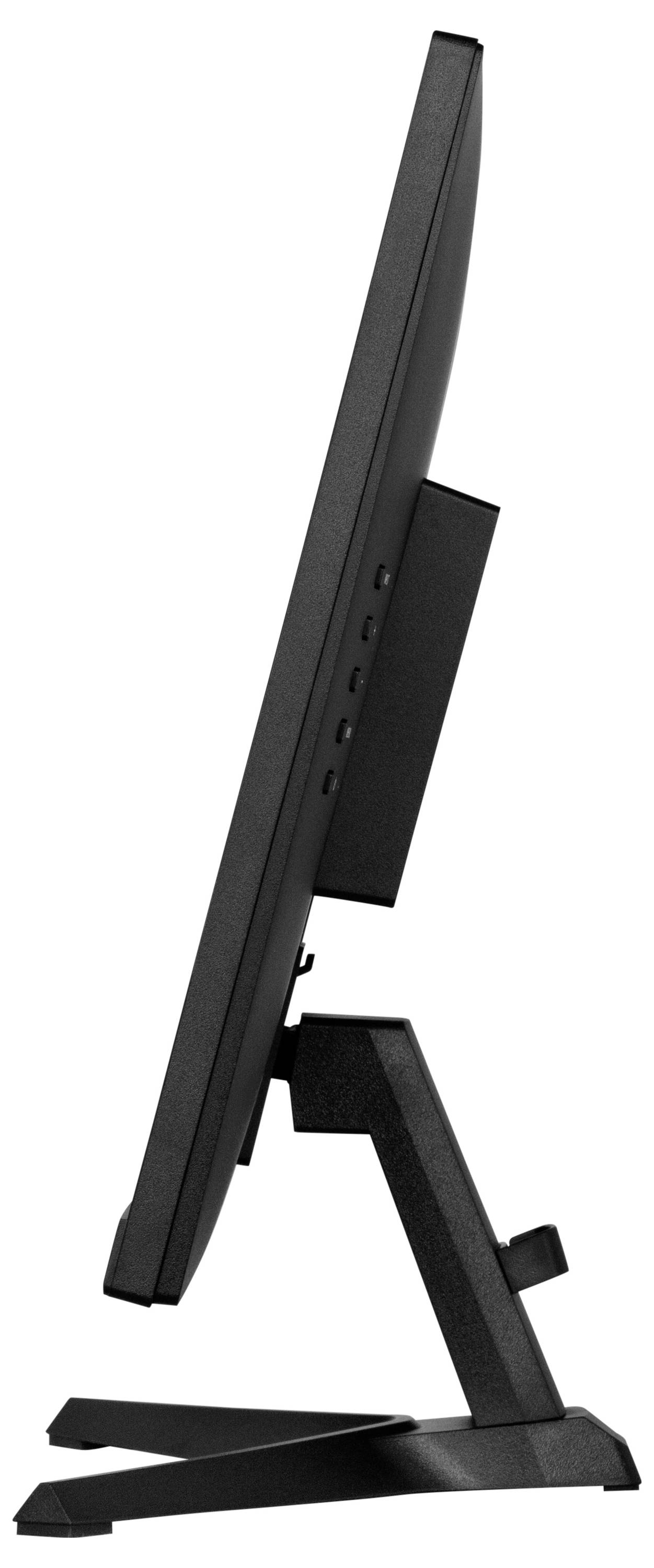 Czarny ekran komputerowy przedstawiony z boku, umieszczony na podstawce.