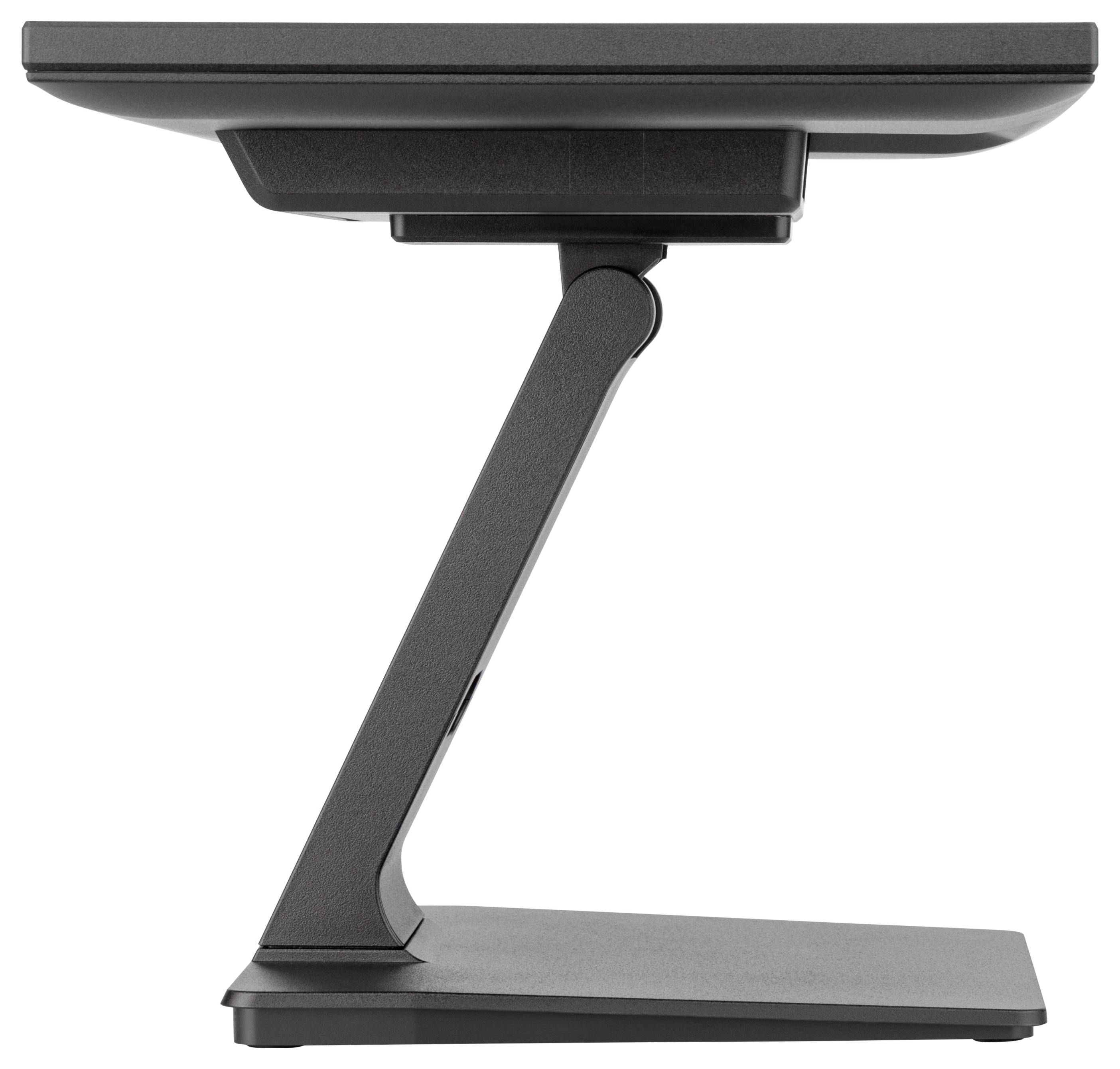 Widok z boku czarnego monitora ze smukłą, pochyloną podstawą na prostokątnym cokole. Bez widocznego ekranu.