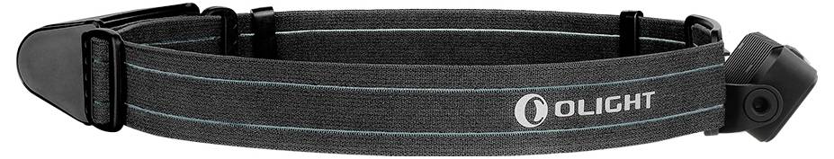 Czarna opaska na głowę z logo 'OLIGHT' z boku, regulowana, z plastikowymi wstawkami na końcach.