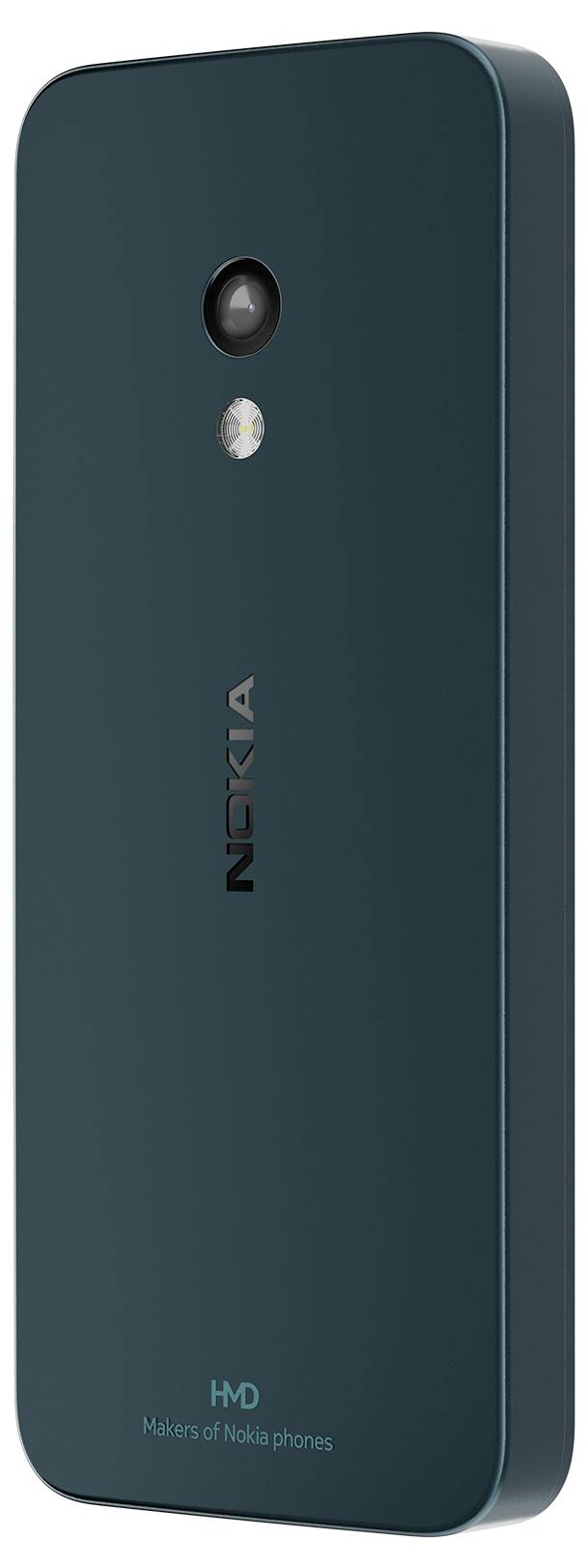 Nowoczesny smartfon w ciemnym kolorze, widziany od tyłu, z obiektywem aparatu i lampą błyskową. Logo 'Nokia' w pionowym ułożeniu.