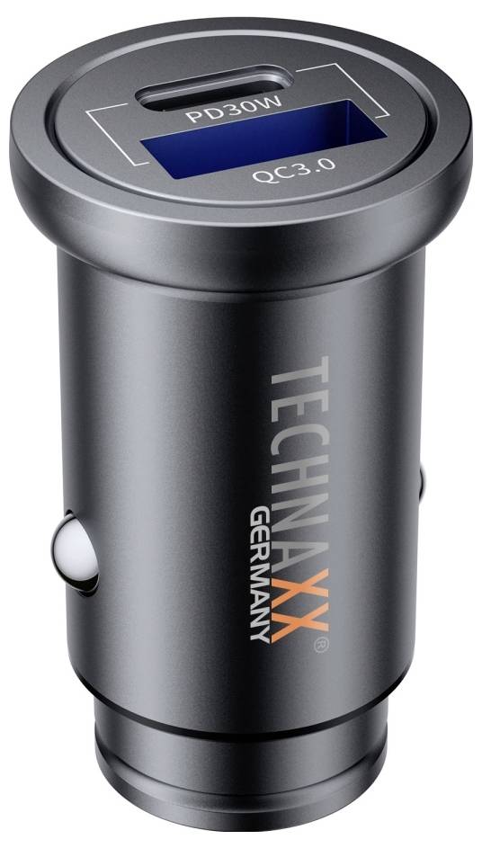 Metalowy adapter samochodowy do ładowania z dwoma gniazdami u góry, oznaczonymi jako 'PD30W' i 'QC3.0'. Nazwa marki 'TECHNAXX' po boku.