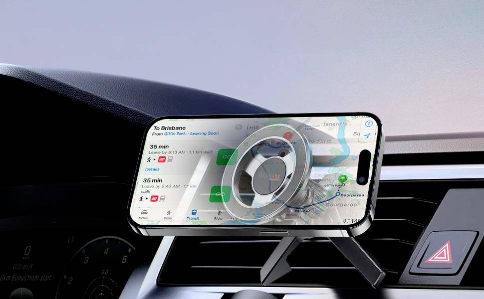 Smartfon w uchwycie samochodowym wyświetla aplikację nawigacyjną z zaplanowanymi trasami i czasami podróży.