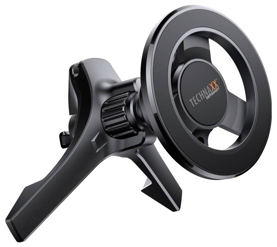 Czarny, kompaktowy uchwyt na telefon z okrągłą głowicą magnetyczną i regulowaną podstawą. Idealny do umieszczenia na stole.