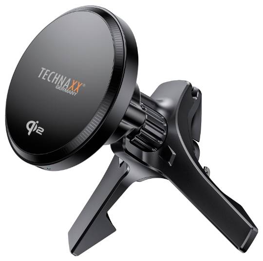 Ładowarka bezprzewodowa Technaxx, czarna, ze stabilnym uchwytem samochodowym. Idealna do mocowania i ładowania w samochodzie.