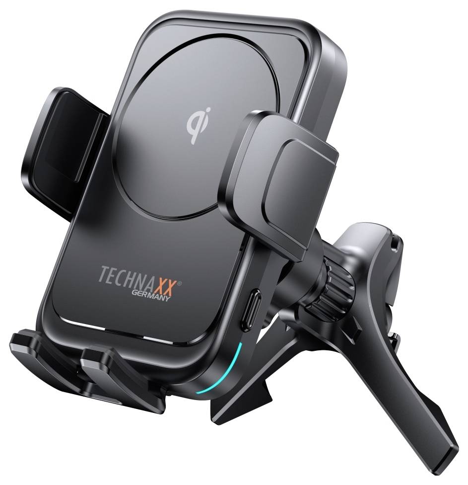 Czarna, bezprzewodowa ładowarka Qi do samochodu. Posiada regulowane uchwyty do mocowania smartfona i jest montowana na kratkach nawiewu.