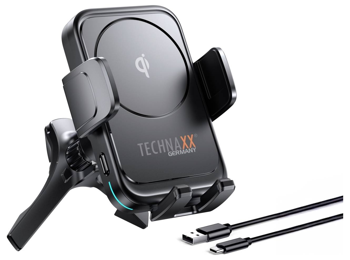 Bezprzewodowa ładowarka samochodowa z uchwytem na smartfona, zgodna ze standardem Qi, marki 'Technaxx Germany'. Zawiera kabel USB do zasilania.