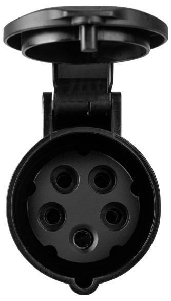'Czarna elektryczna wtyczka z pięcioma okrągłymi otworami, klapka otwarta od góry.'