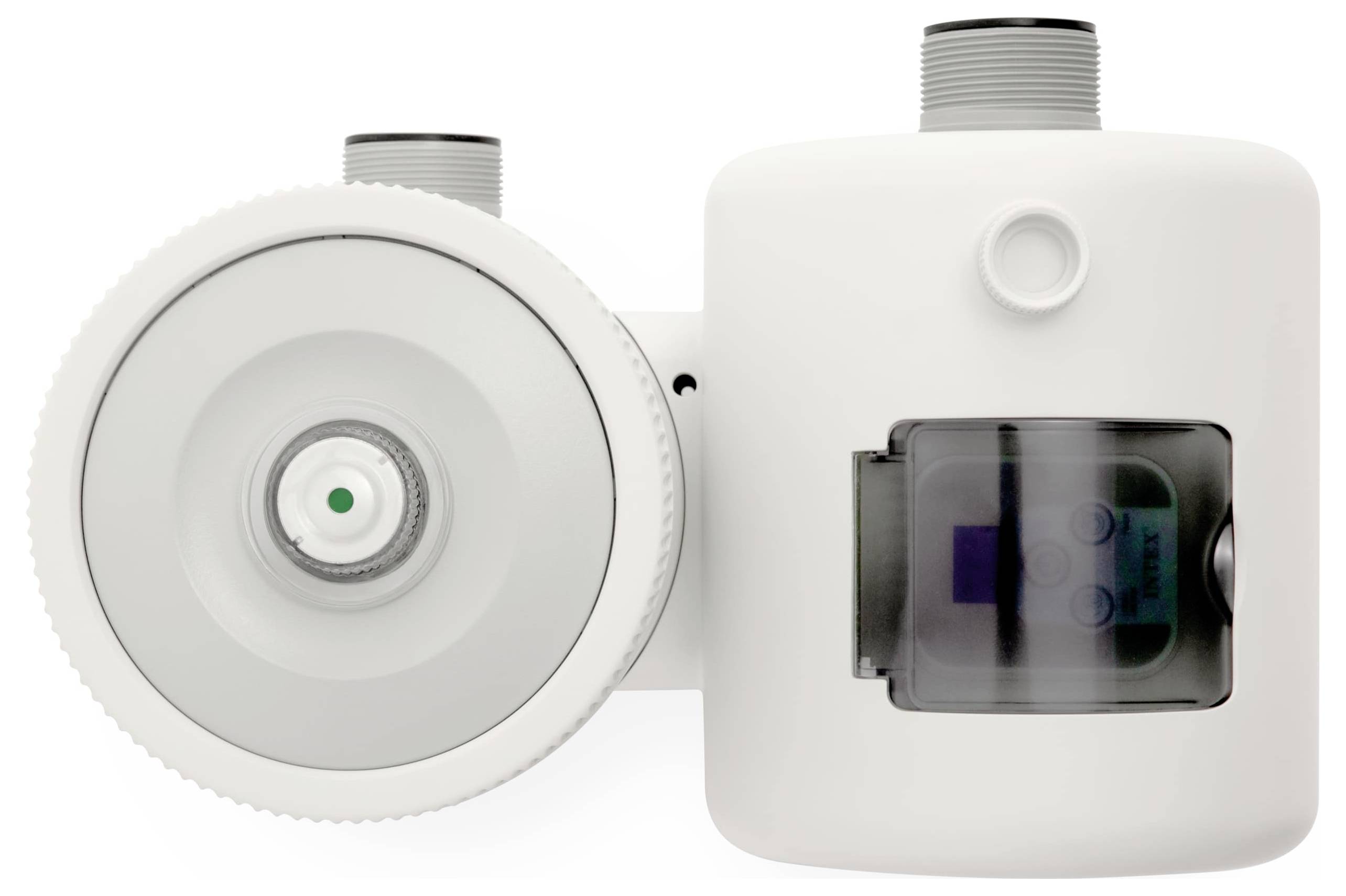 Białe, techniczne urządzenie z dwoma cylindrycznymi elementami i przezroczystym okienkiem wyświetlającym ekran.