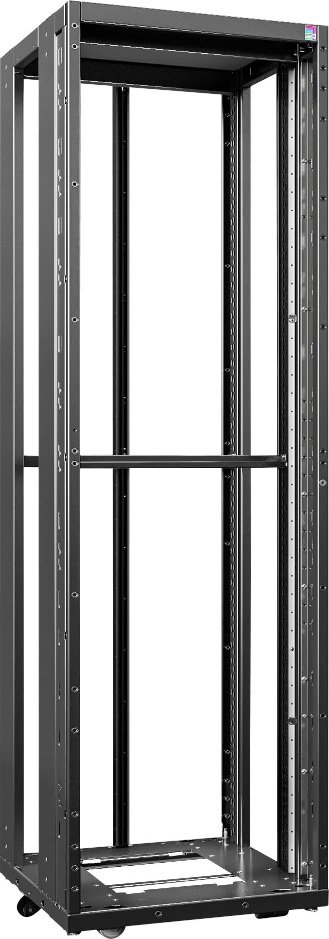 Puste, czarne stojące rack serwerowe o wysokiej, prostokątnej strukturze. Stoi na kółkach i jest przeznaczone do instalacji serwerów.
