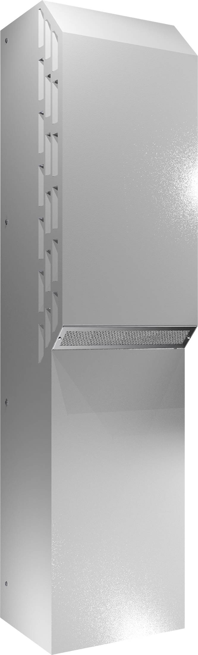 Szara, prostokątna metalowa pokrywa wentylacyjna. Posiada szczeliny wentylacyjne po bokach i drobnooczkowy otwór kratowy.