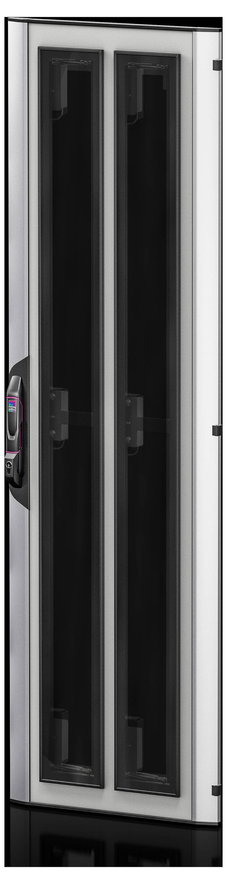 Srebrna metalowa szafa z dwoma dużymi czarnymi szklanymi drzwiami, odpowiednia do przechowywania lub eksponowania zawartości.