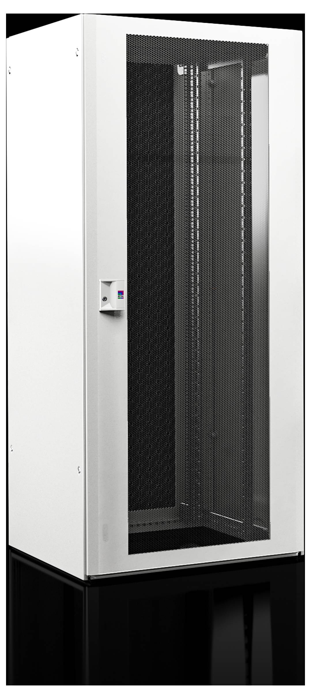 Biały szafa serwerowa z przezroczystymi drzwiami, w której widoczne są poszczególne półki i wkłady.