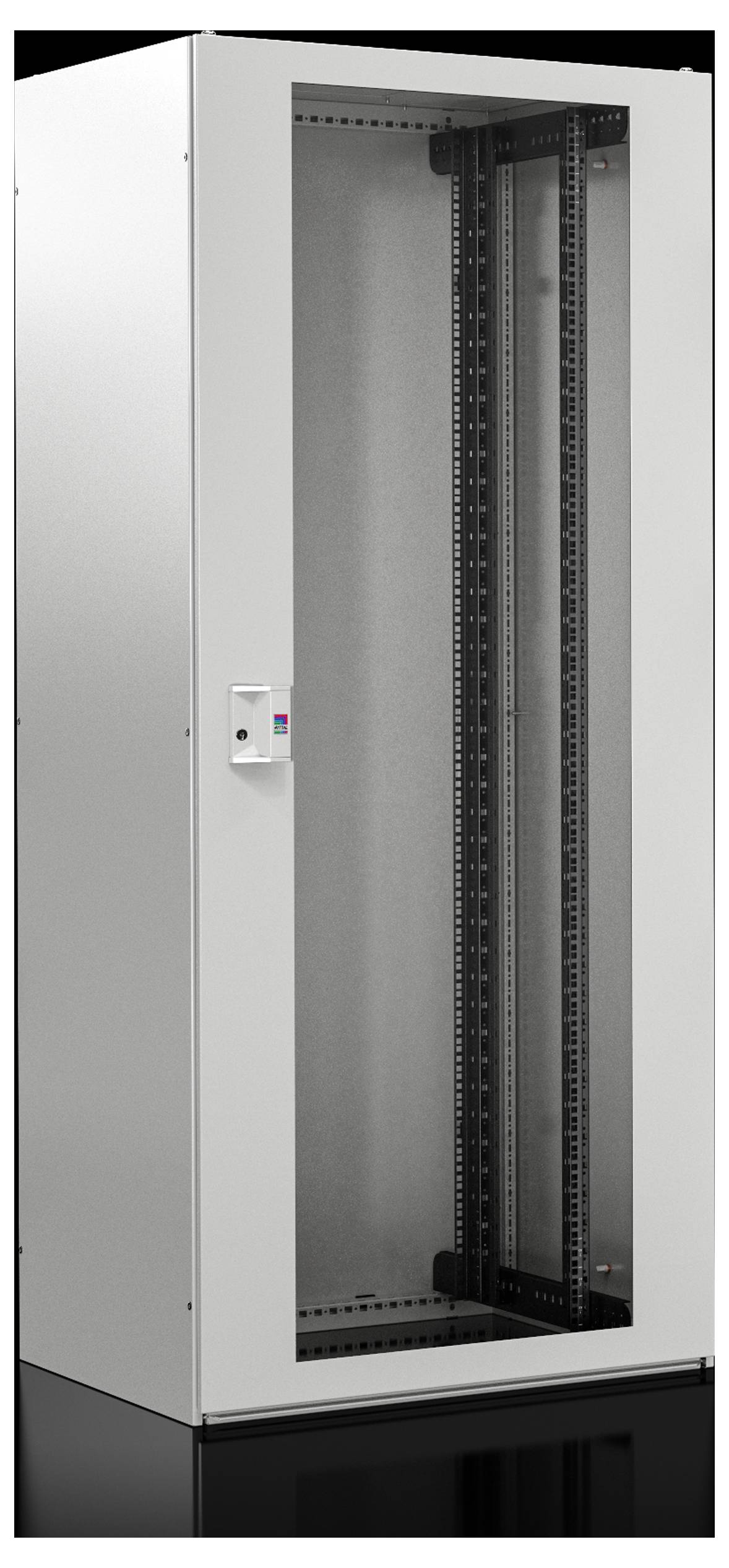 Pusty szafa serwerowa ze szklanymi drzwiami, odpowiednia do urządzeń IT lub sieciowych, stojąca na czarnej podstawie.